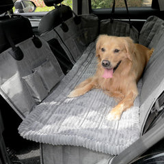Awjcsv dog car seat cover on backseat extender showing secure fit and protected upholstery