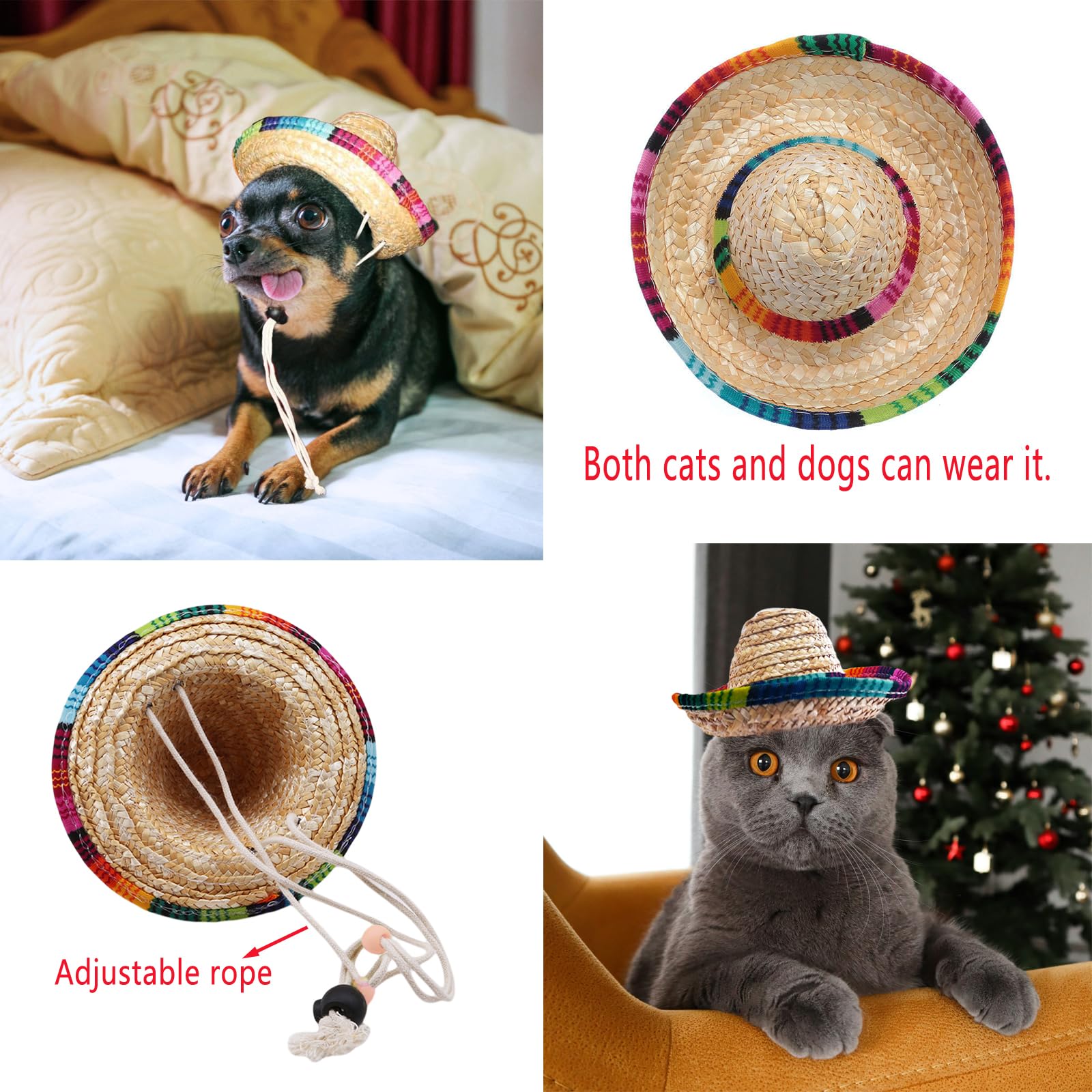 AWOCAN pet straw hat adjustable-strap demonstrates comfortable fit for small pets.