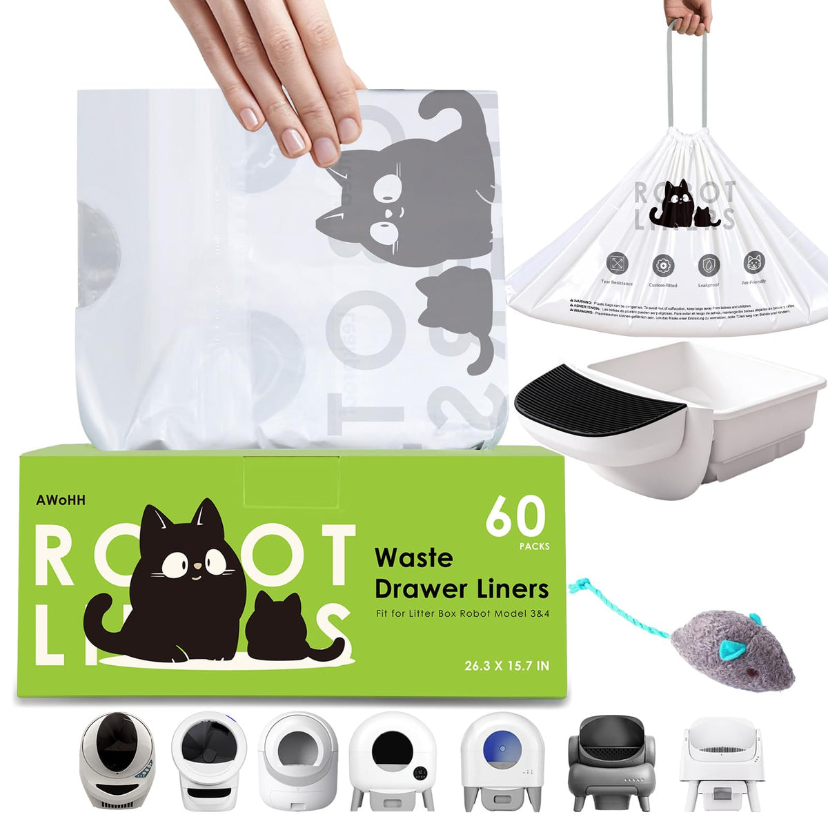 AWoHH 60-pack cat litter bags ready for automatic litter boxes and easy disposal
