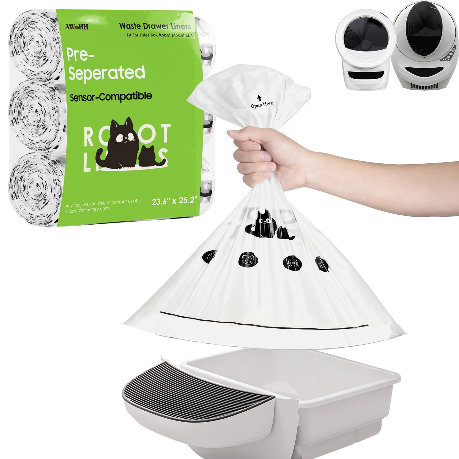 AWoHH litter box robot bags packaging shows a 90-count supply for steady use.