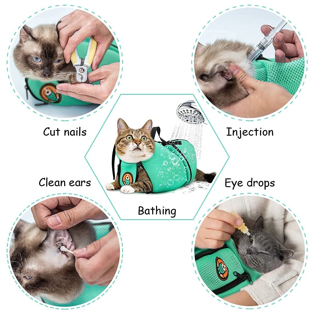 AWOOF cat grooming bag back view shows compact, breathable mesh for comfort.