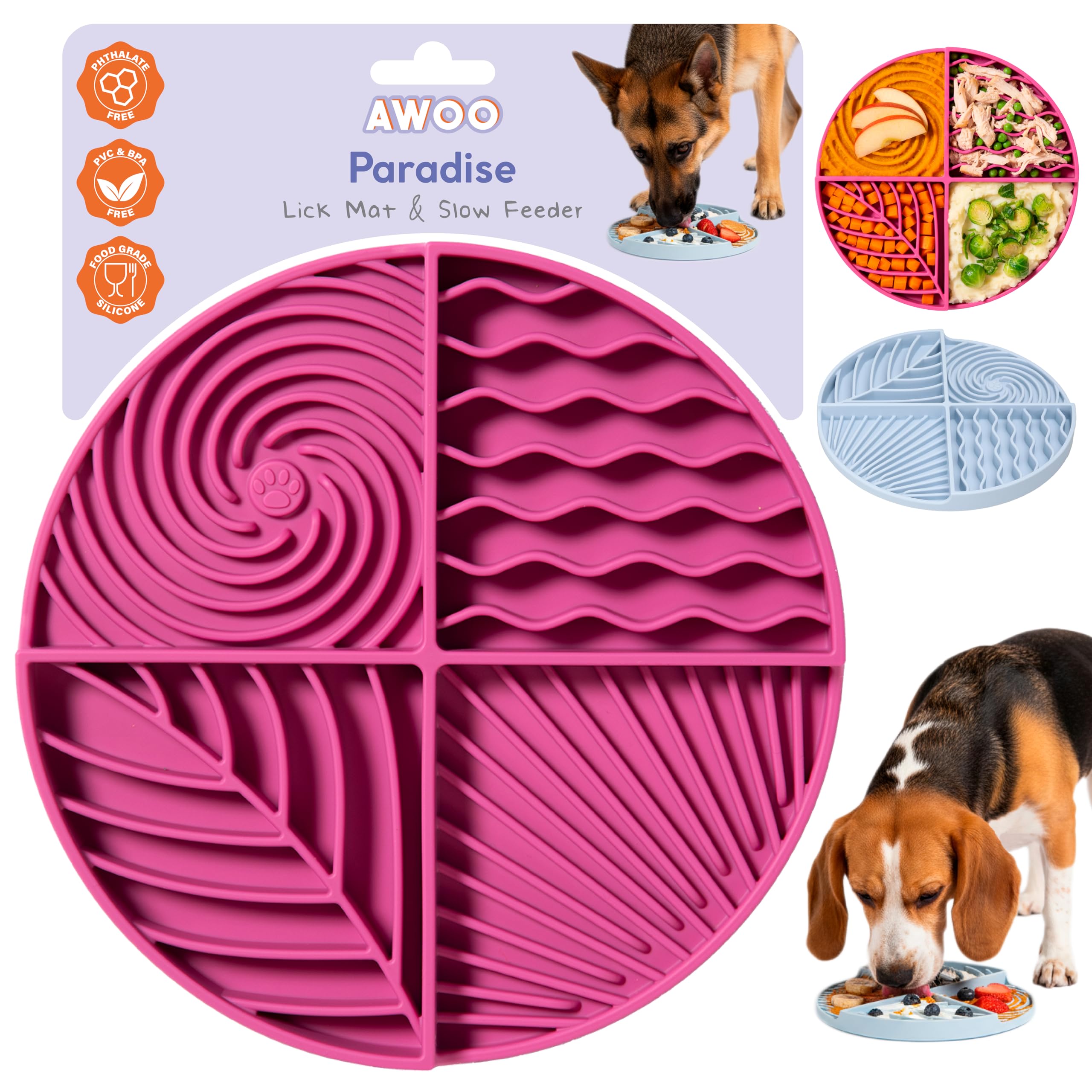 Awoo Paradise front-view lick mat in fuchsia shows non-slip stability for longer mealtimes.