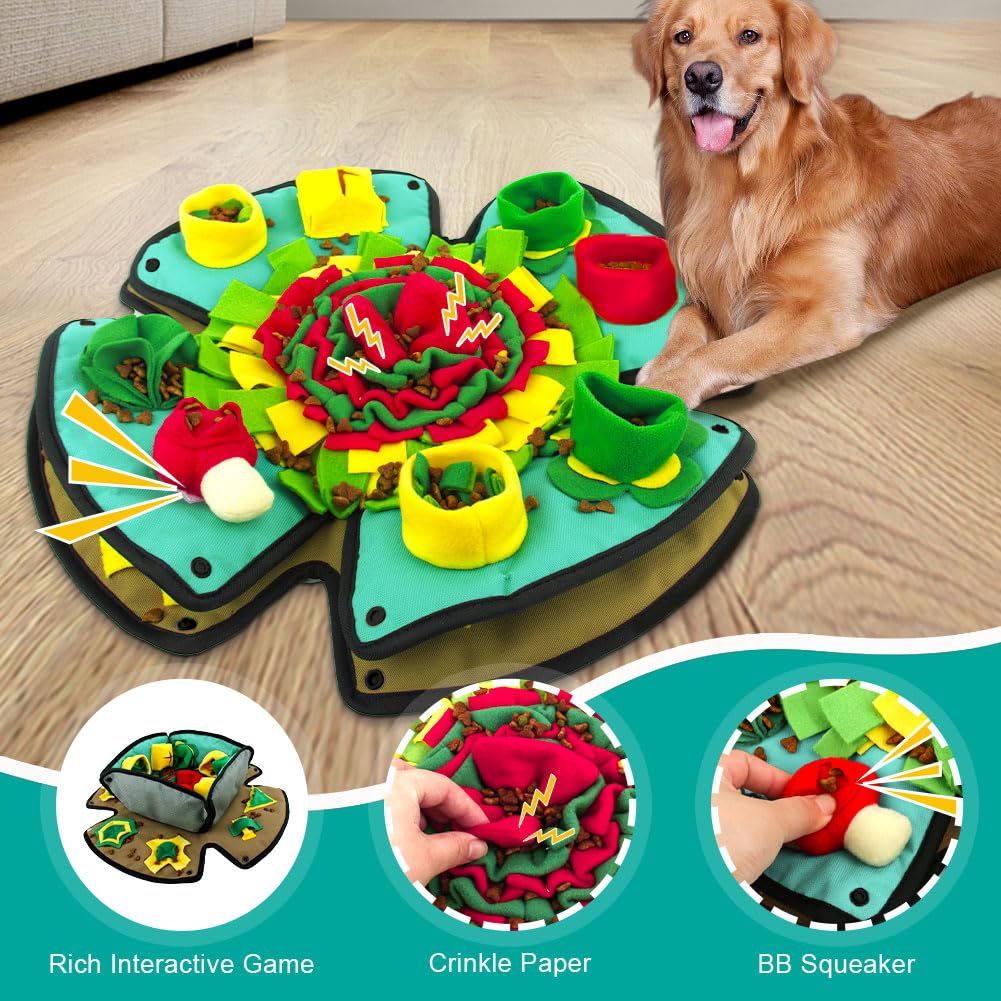 AWOOOF Snuffle Mat showing foraging levels for adjustable dog challenges.