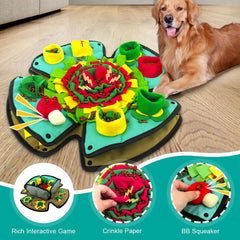 AWOOOF Snuffle Mat showing foraging levels for adjustable dog challenges.