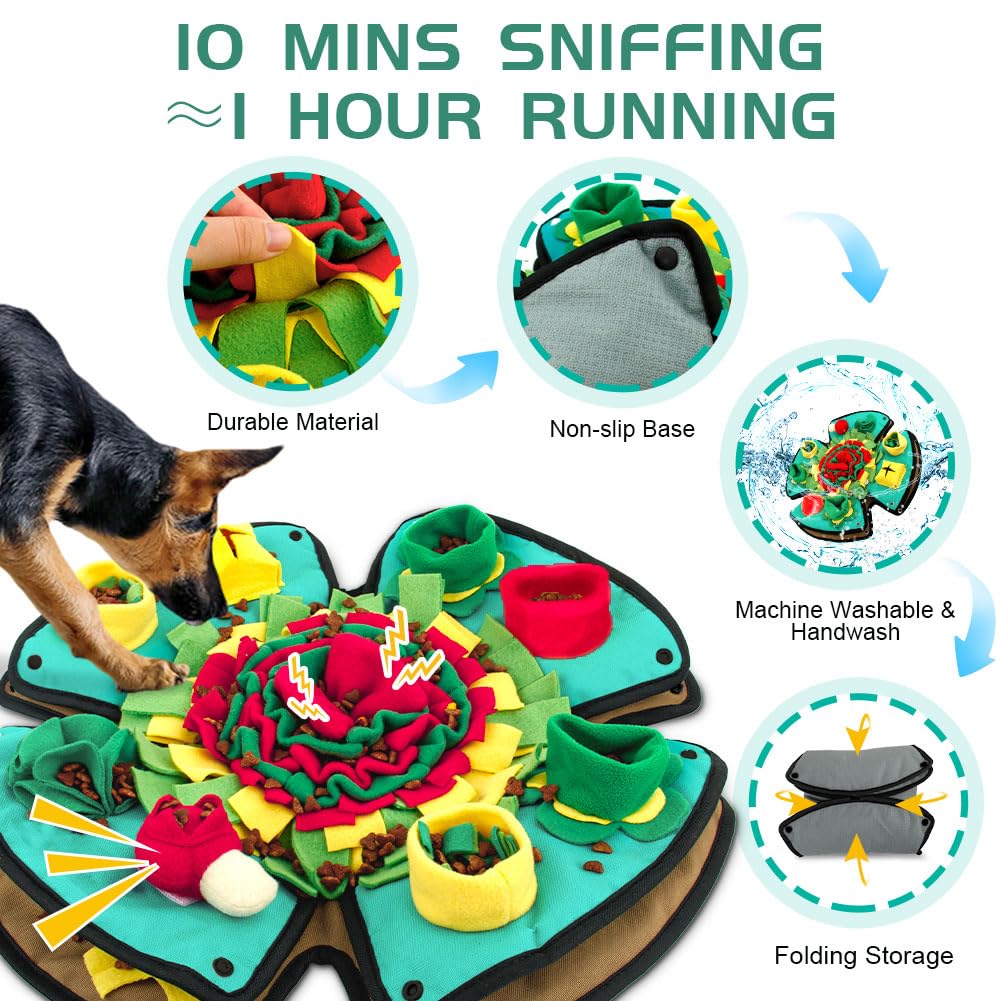 AWOOOF Snuffle Mat in sniffing action highlights interactive play and mental engagement.
