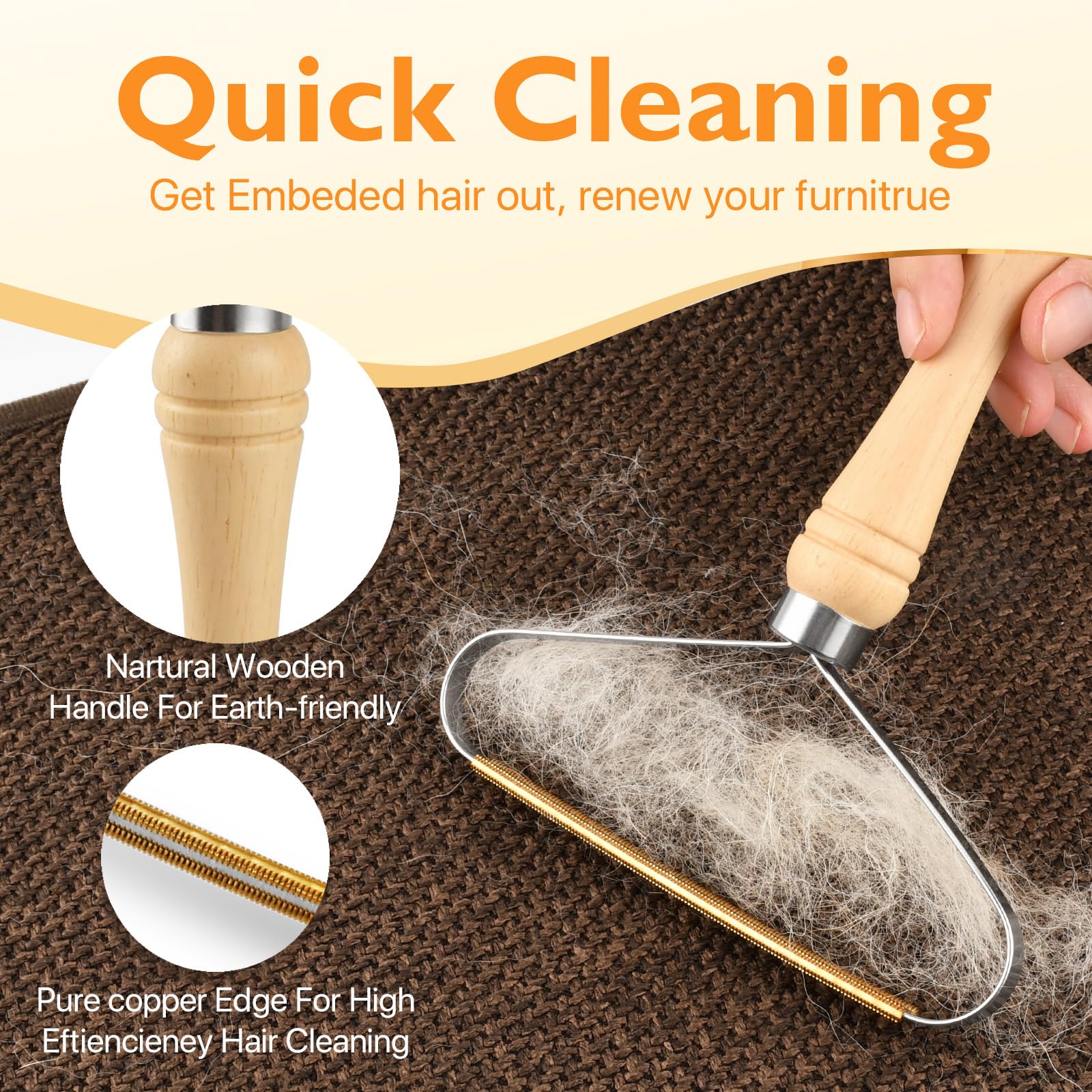 AXEGY pet hair removal tool with wooden handle offers comfortable grip during extended use.