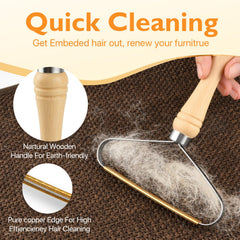 AXEGY pet hair removal tool with wooden handle offers comfortable grip during extended use.