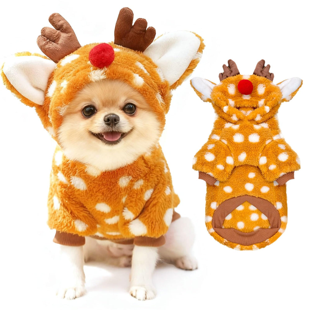 AXIIJGL Christmas elk hoodie on a small dog for festive photo moments.