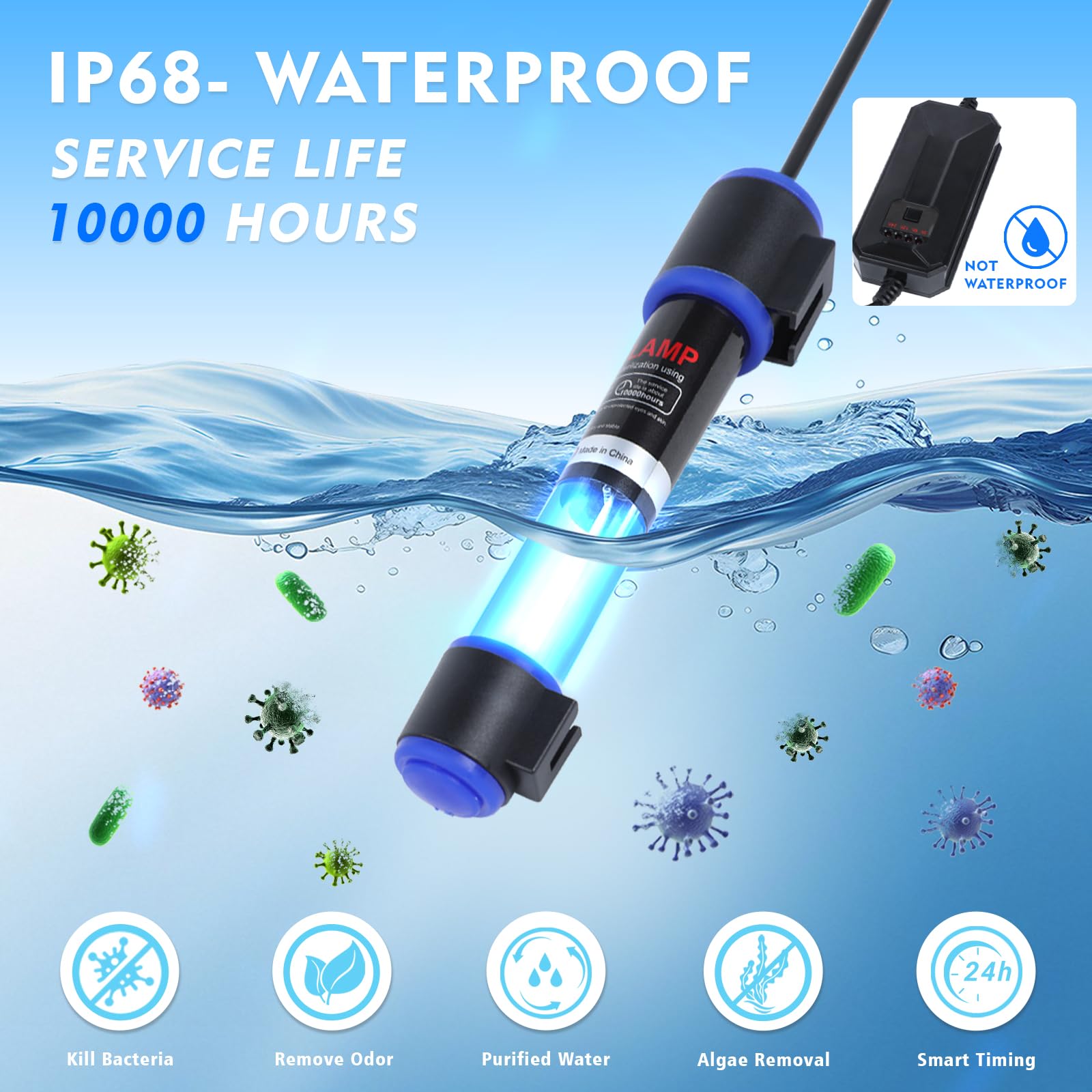 Ayamaxon UV-C Aquarium Light submersible in water demonstrates safe immersion.