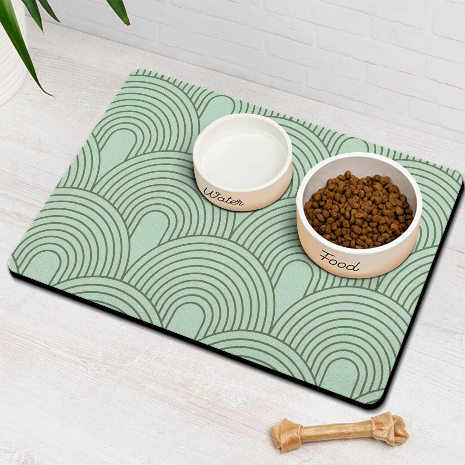 Ayiashiab dog food mat absorbent keeps spills from reaching the floor.