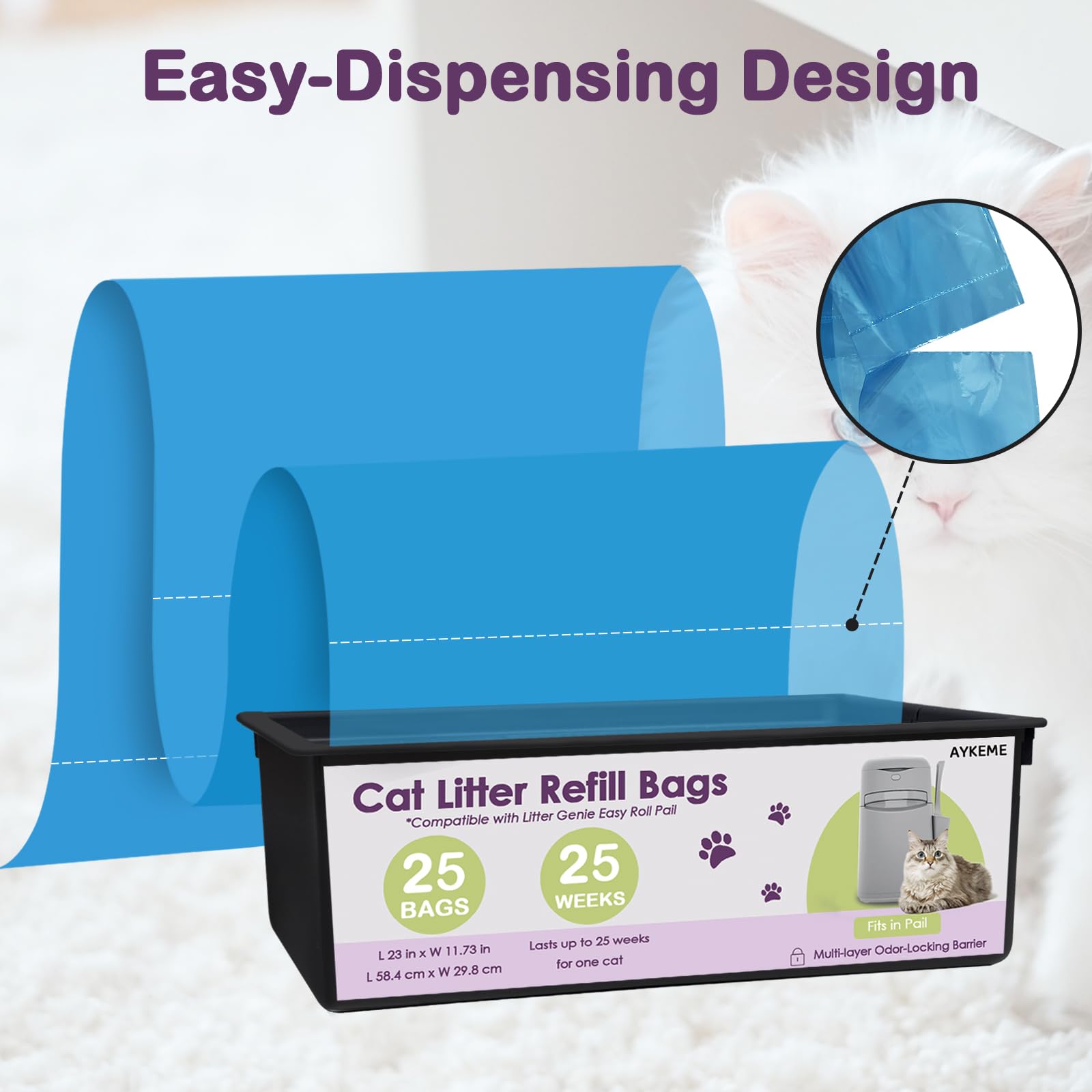 AYKEME tapered-bottom bags shown for easy removal when full.