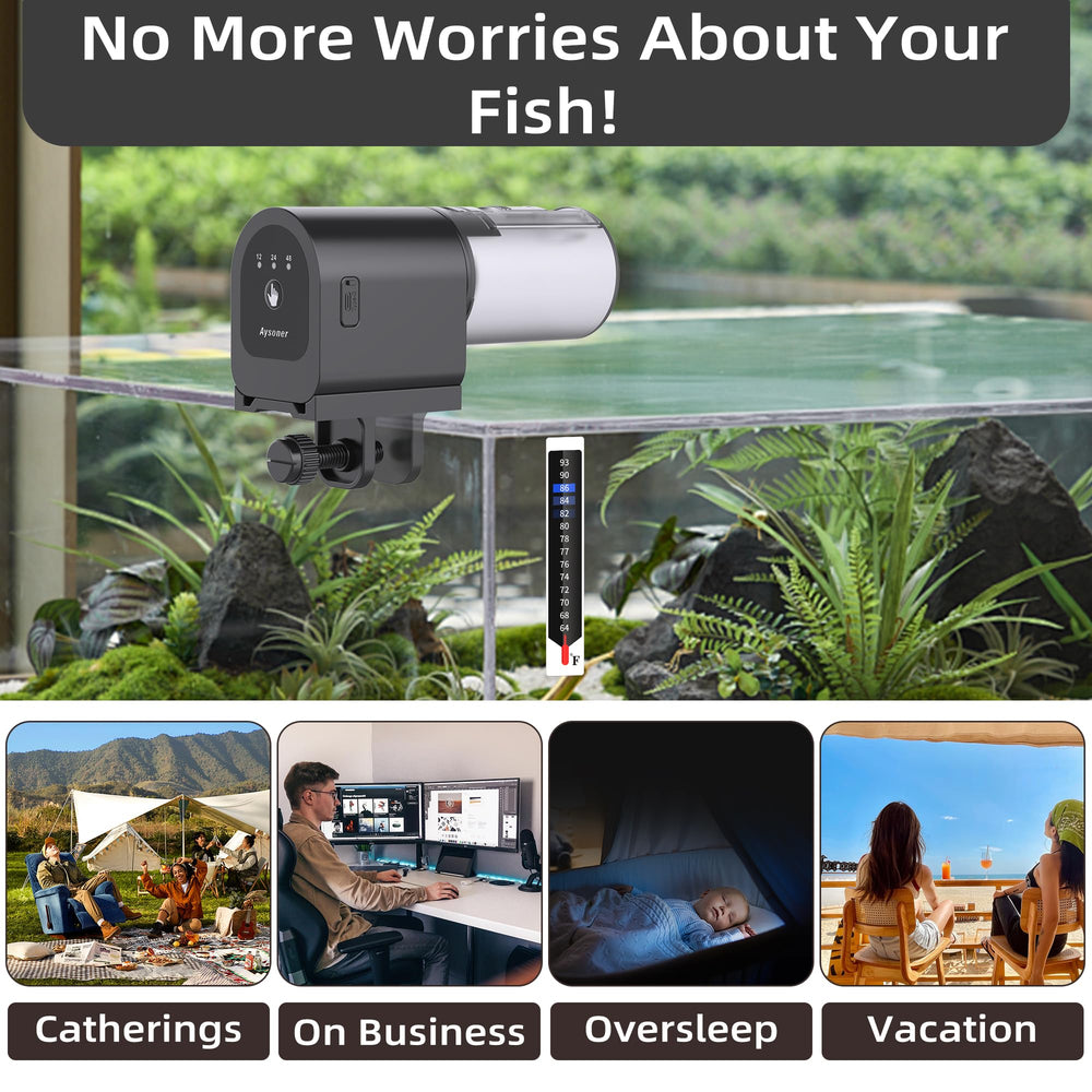 Aysoner automatic fish feeder 360-degree rotation enables consistent feeding times.