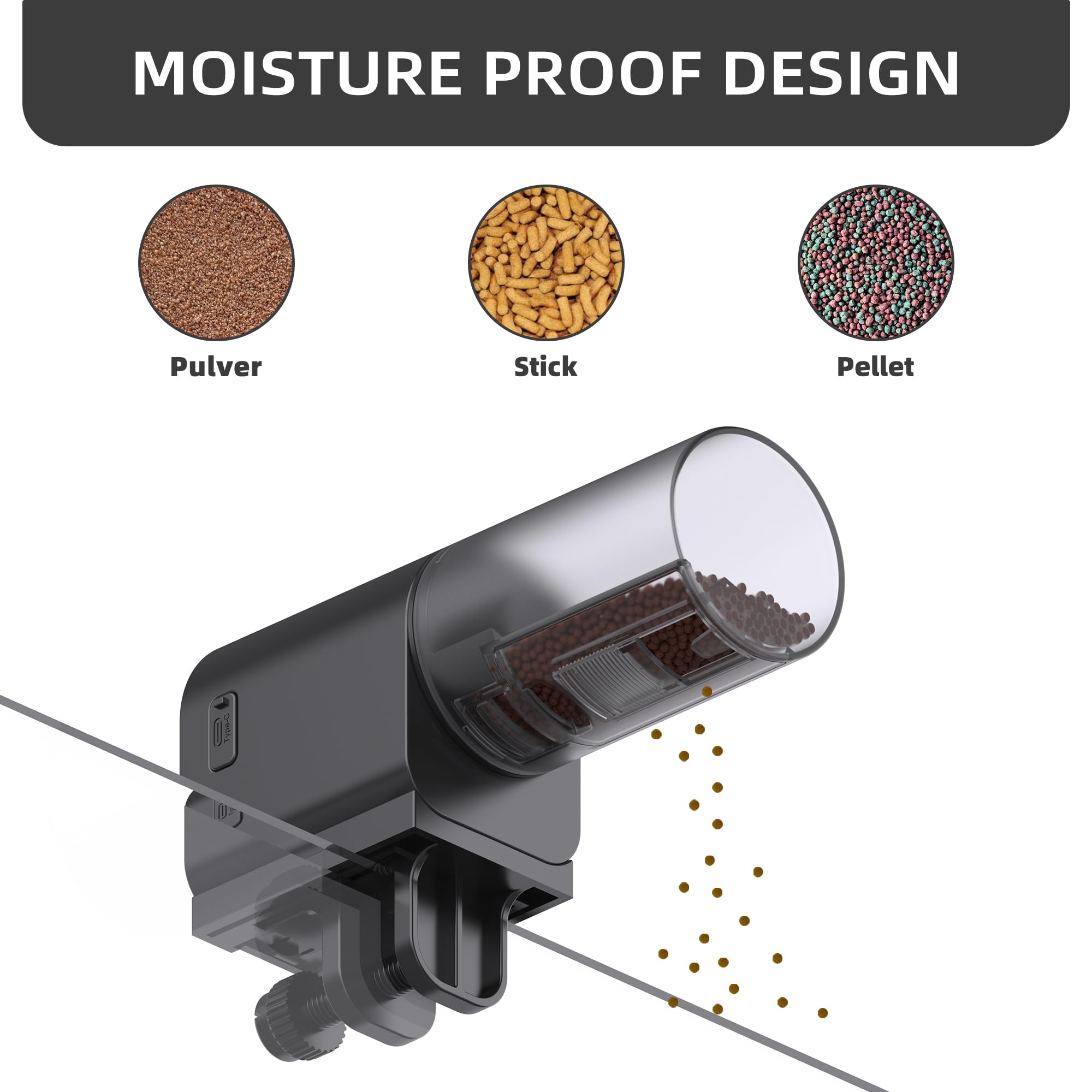 Aysoner automatic fish feeder USB-C charging provides long-lasting power.