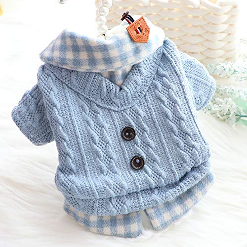 AZA Dog Princess Sweater XS blue back view shows snug plaid knit for cozy outings.