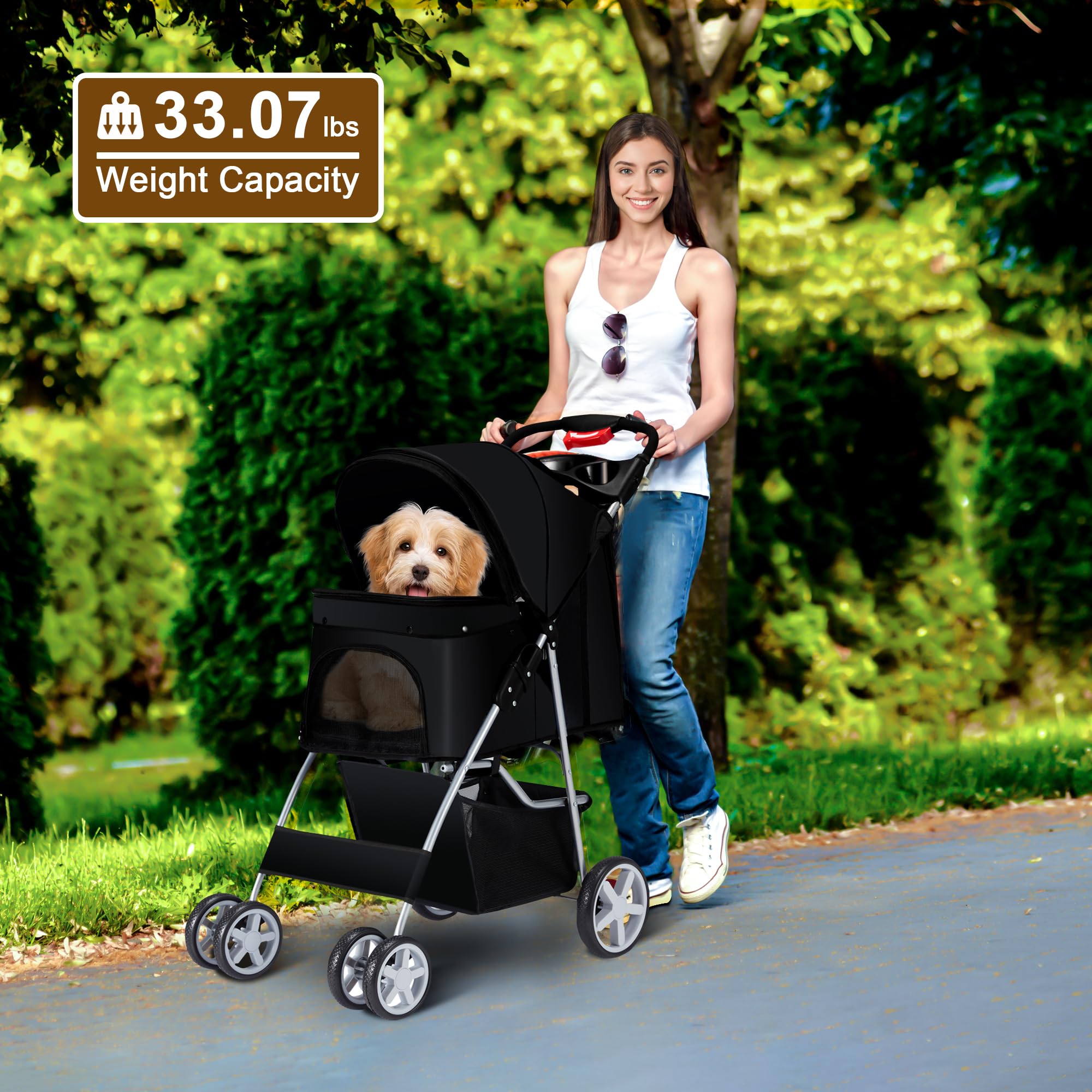 Azaeahom pet stroller with large storage basket and cup holder for essentials.
