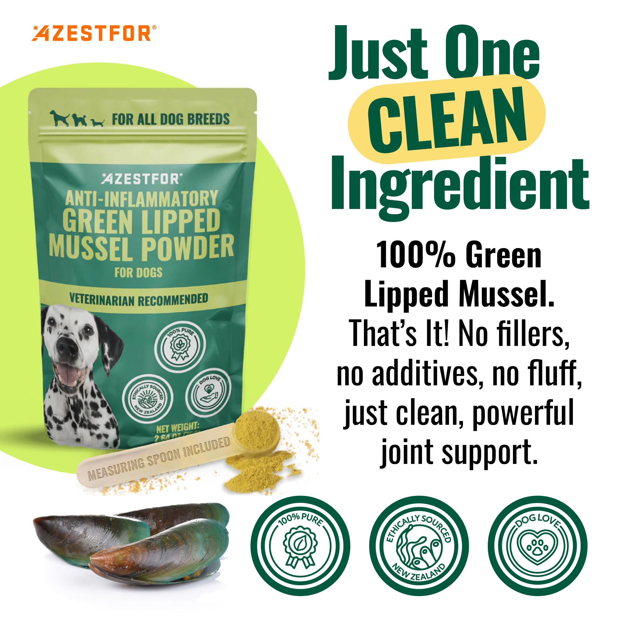Azestfor green-lipped mussel dog powder bottle closeup highlights omega-3 richness for healthy joints