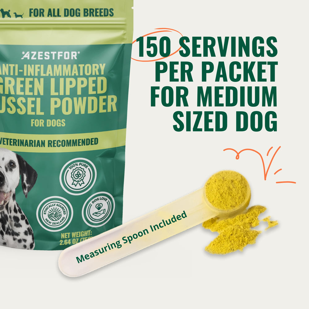 Azestfor green-lipped mussel dog powder package closeup signals satisfaction guarantee messaging