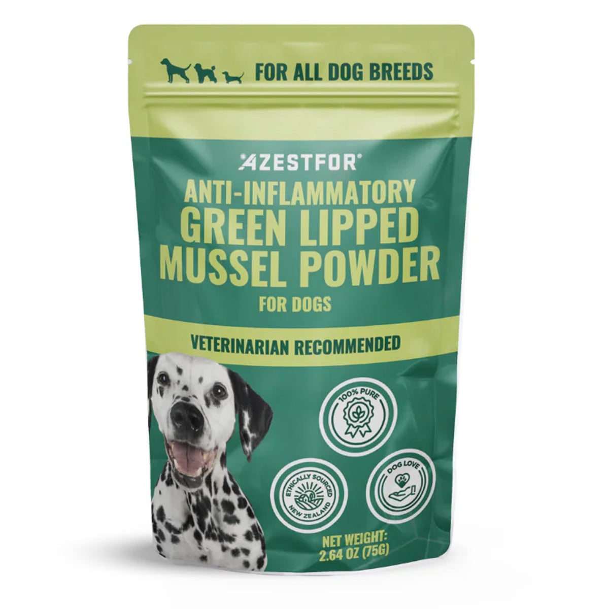 Azestfor green-lipped mussel dog powder packaging shows natural NZ sourcing for potential mobility support