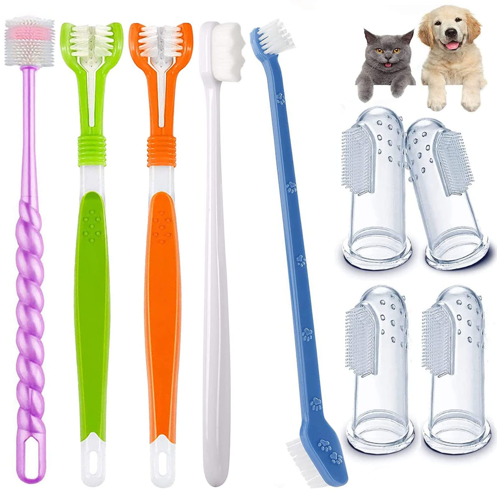 AZOFFYIU triple-head dog toothbrush set angle view promotes thorough cleaning for pets