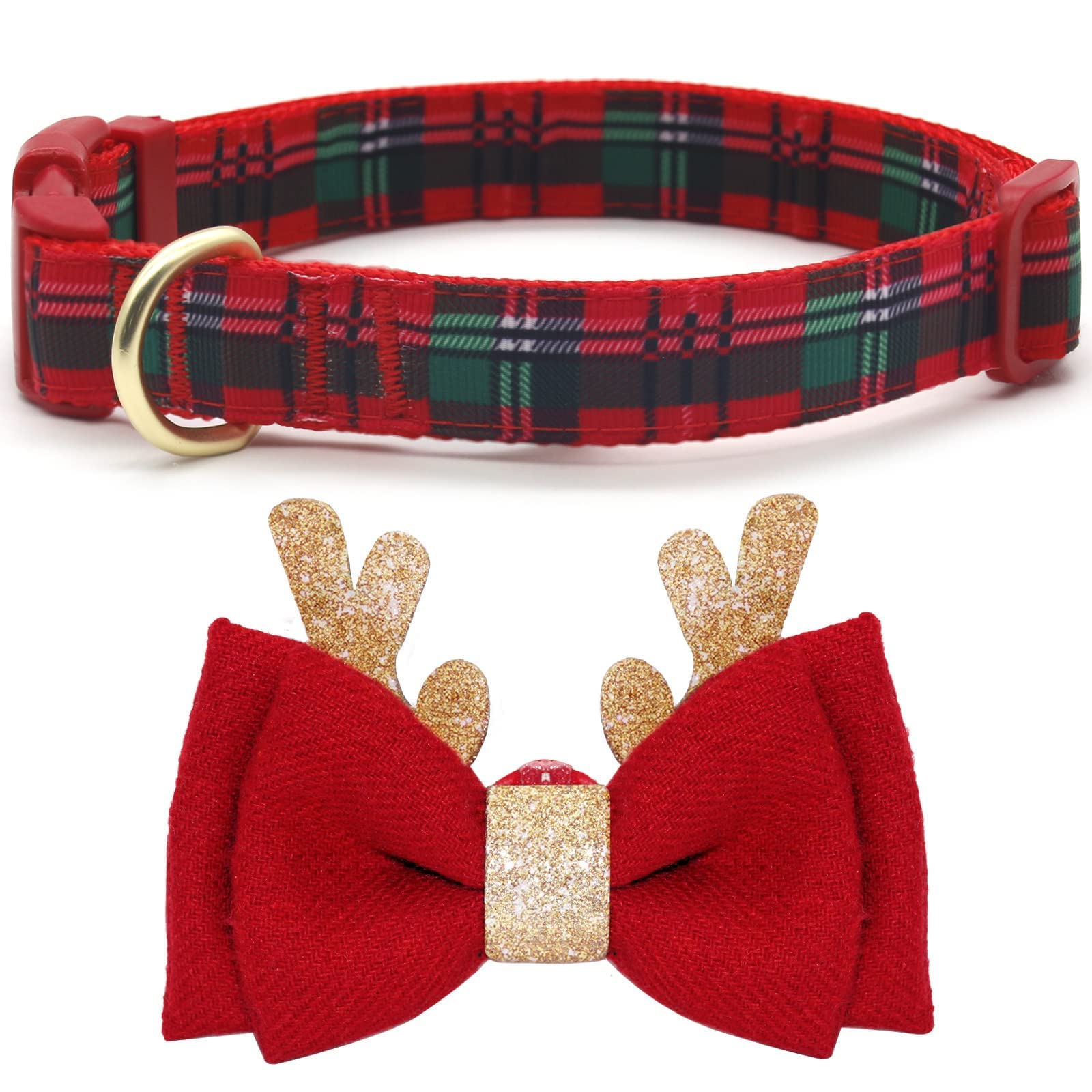 azuza christmas-dog-collar plaid-bowtie-glitter-reindeer for festive photos
