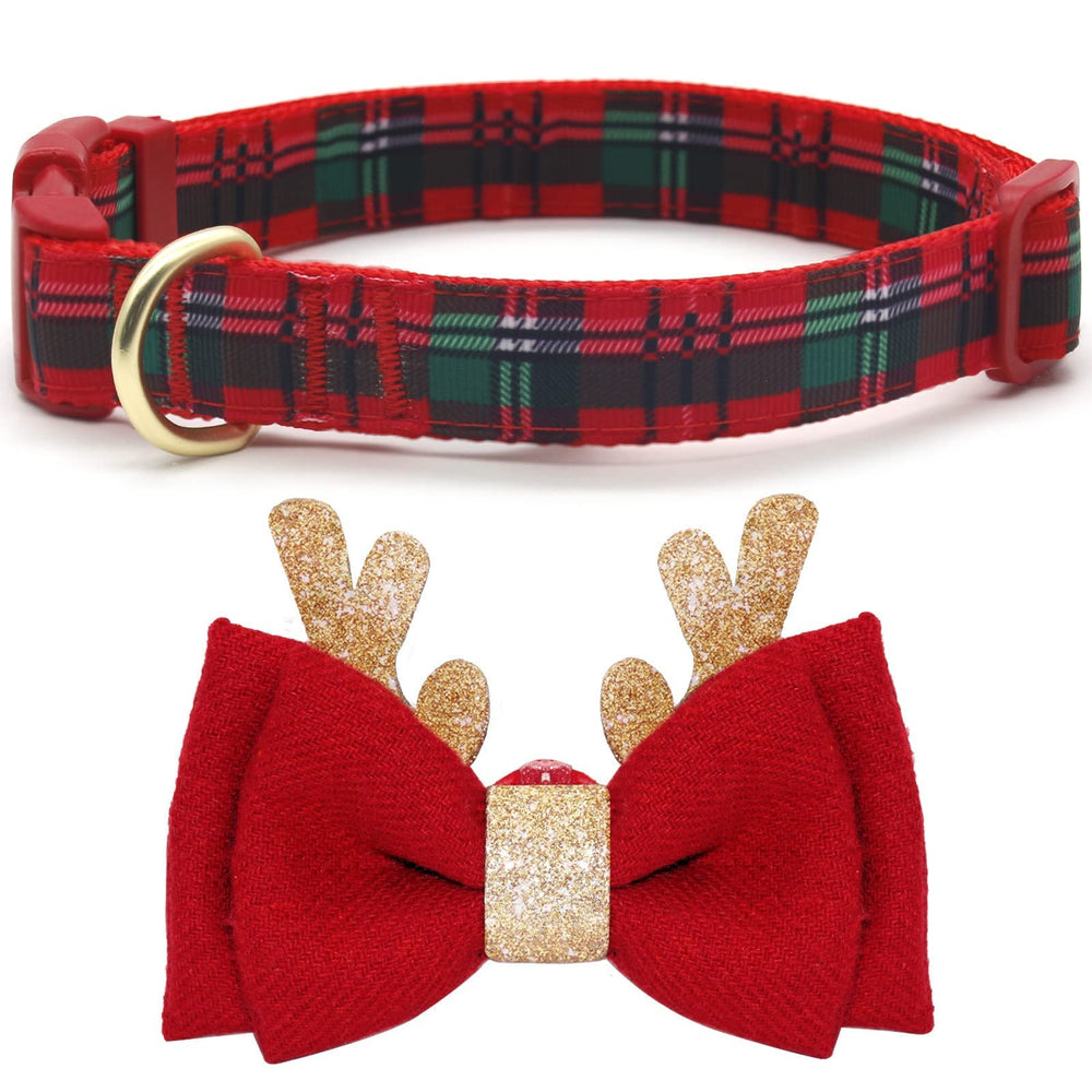 azuza christmas-dog-collar plaid-bowtie-glitter-reindeer for festive photos