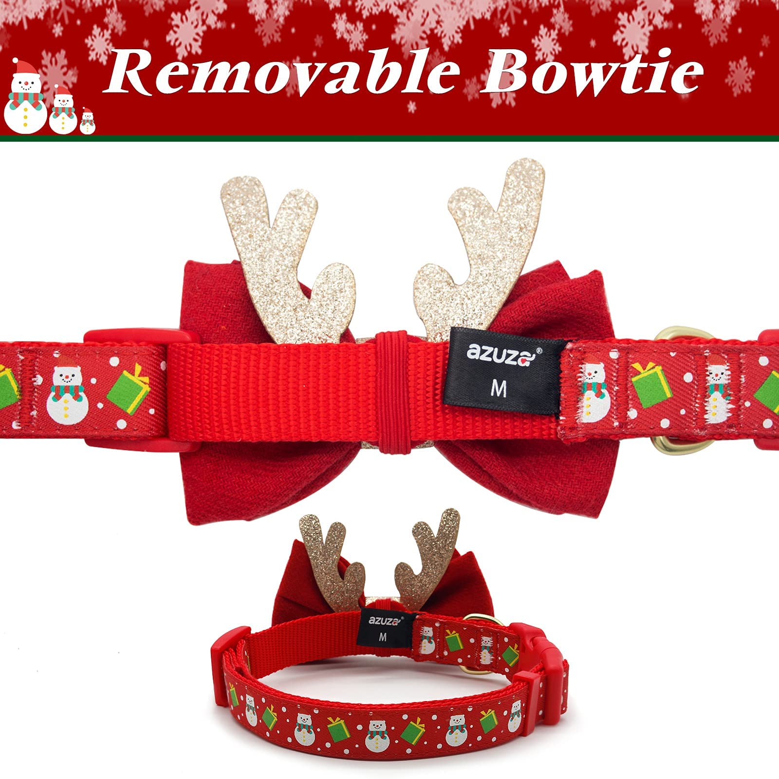 AZUZA Christmas dog collar D-ring buckle closeup shows secure leash attachment.