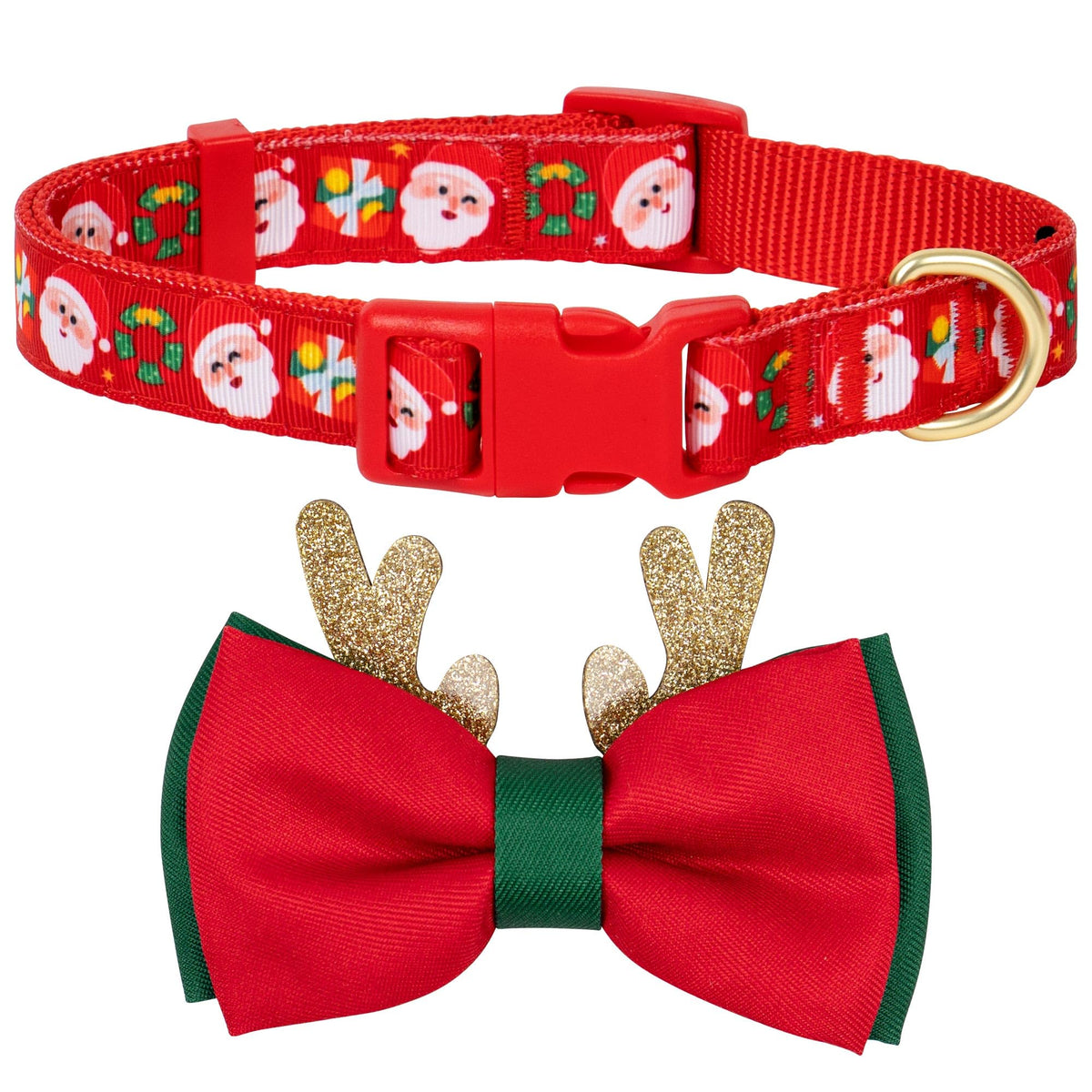 Azuza Christmas dog collar with Santa print for festive photos.