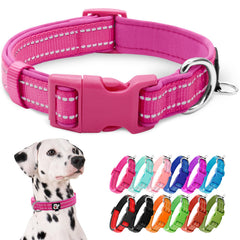 azuza Reflective Dog Collar hot pink closeup highlights night-visible reflective thread for safety.