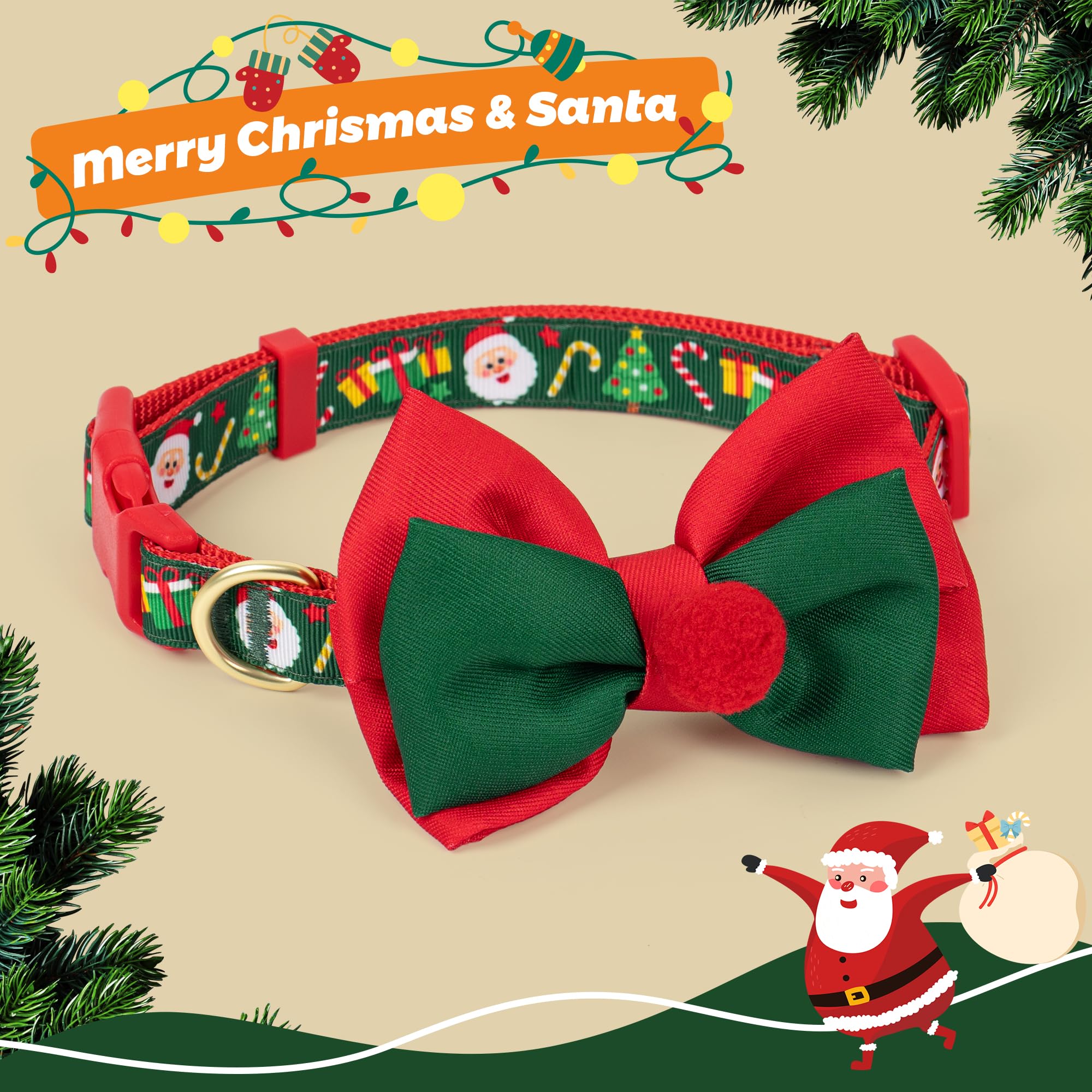 Azuza removable bowtie on collar in red and green, easy to swap with other collars