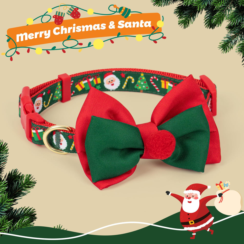 Azuza removable bowtie on collar in red and green, easy to swap with other collars