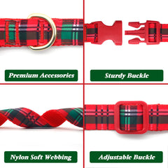 azuza small dog collar in red-green plaid on soft nylon for daily wear.