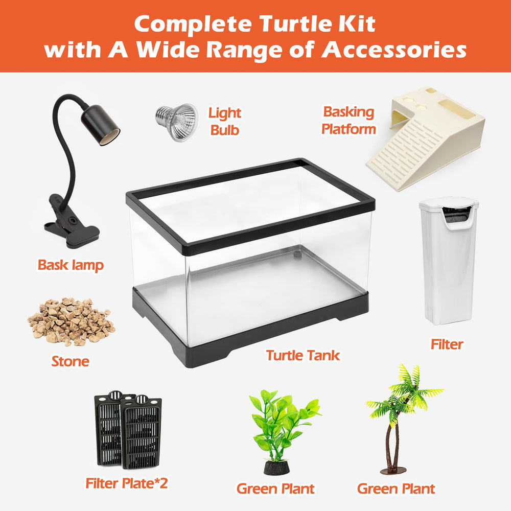 AZV Small Turtle Tank Kit clip-on lamp provides adjustable heat and UV exposure for basking.