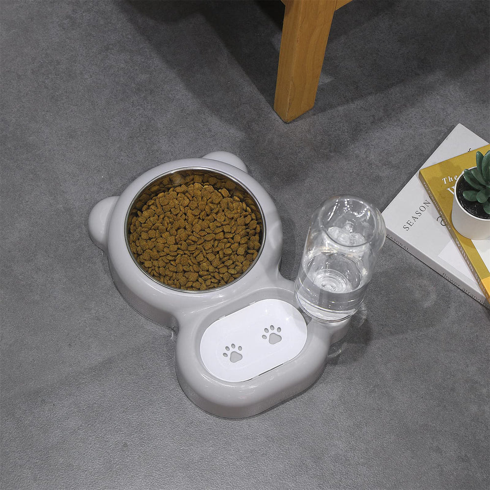 Azwraith grey-pet-feeding-station blends modern style with practical hydration and feeding.