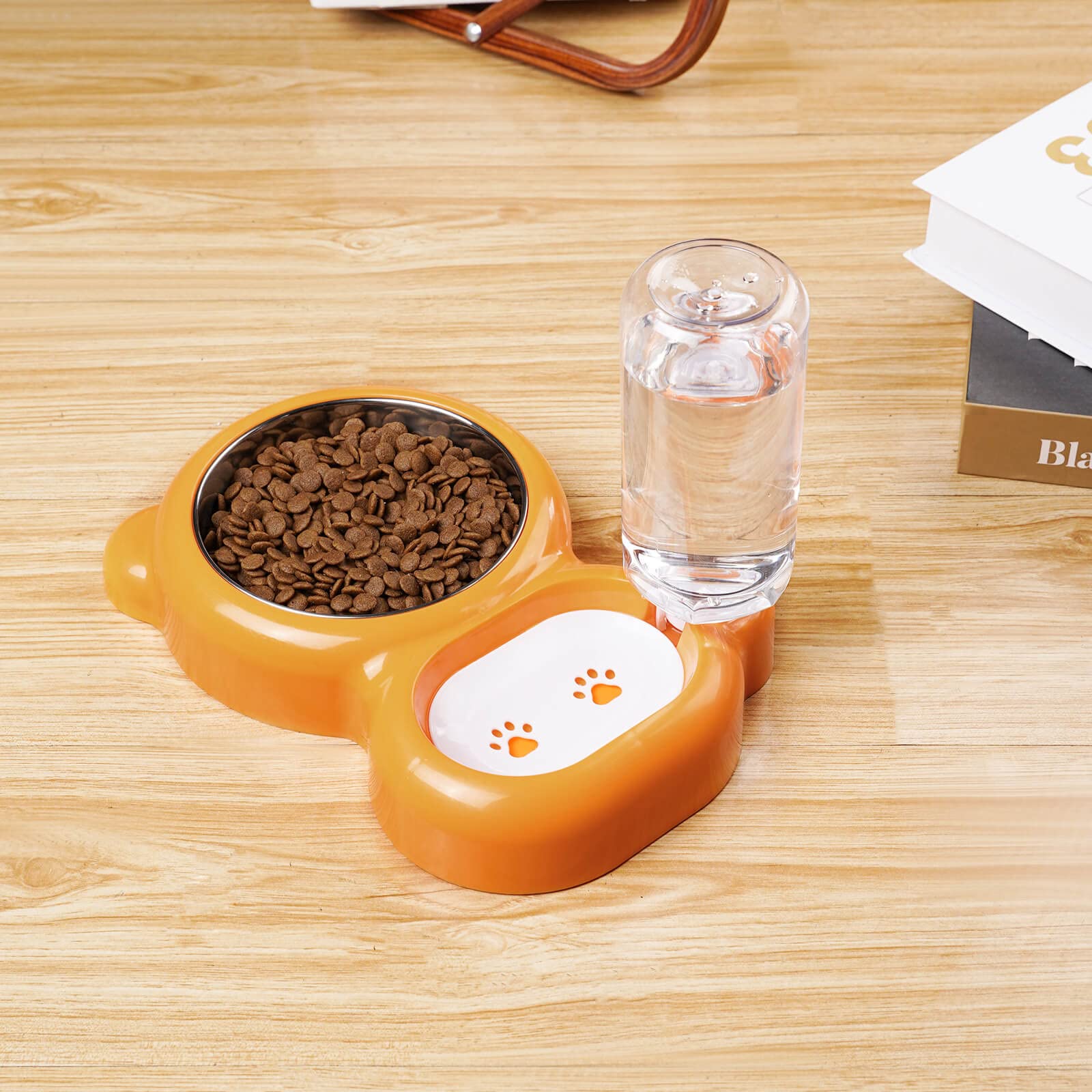 Azwraith orange pet feeding station adds cheerful, space-saving design.