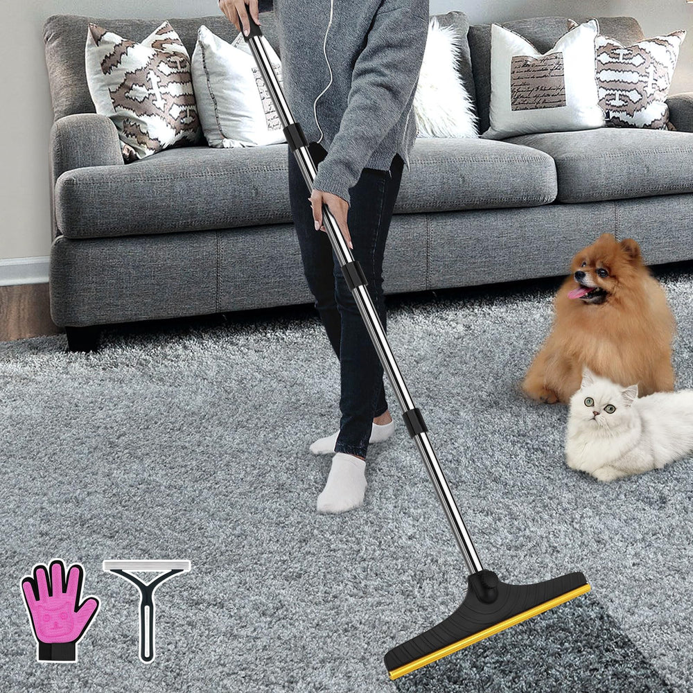 B-Land carpet rake with a 60-inch extended handle for deep reach on carpets.