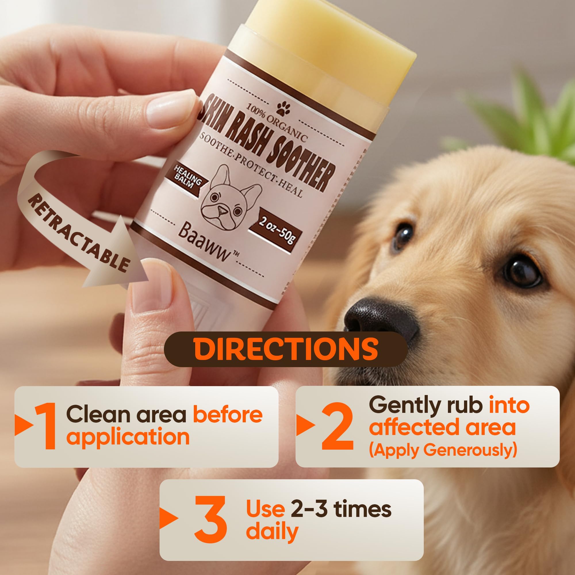 Baaww dry-itch-relief balm on dog coat shows hydration and smoothness