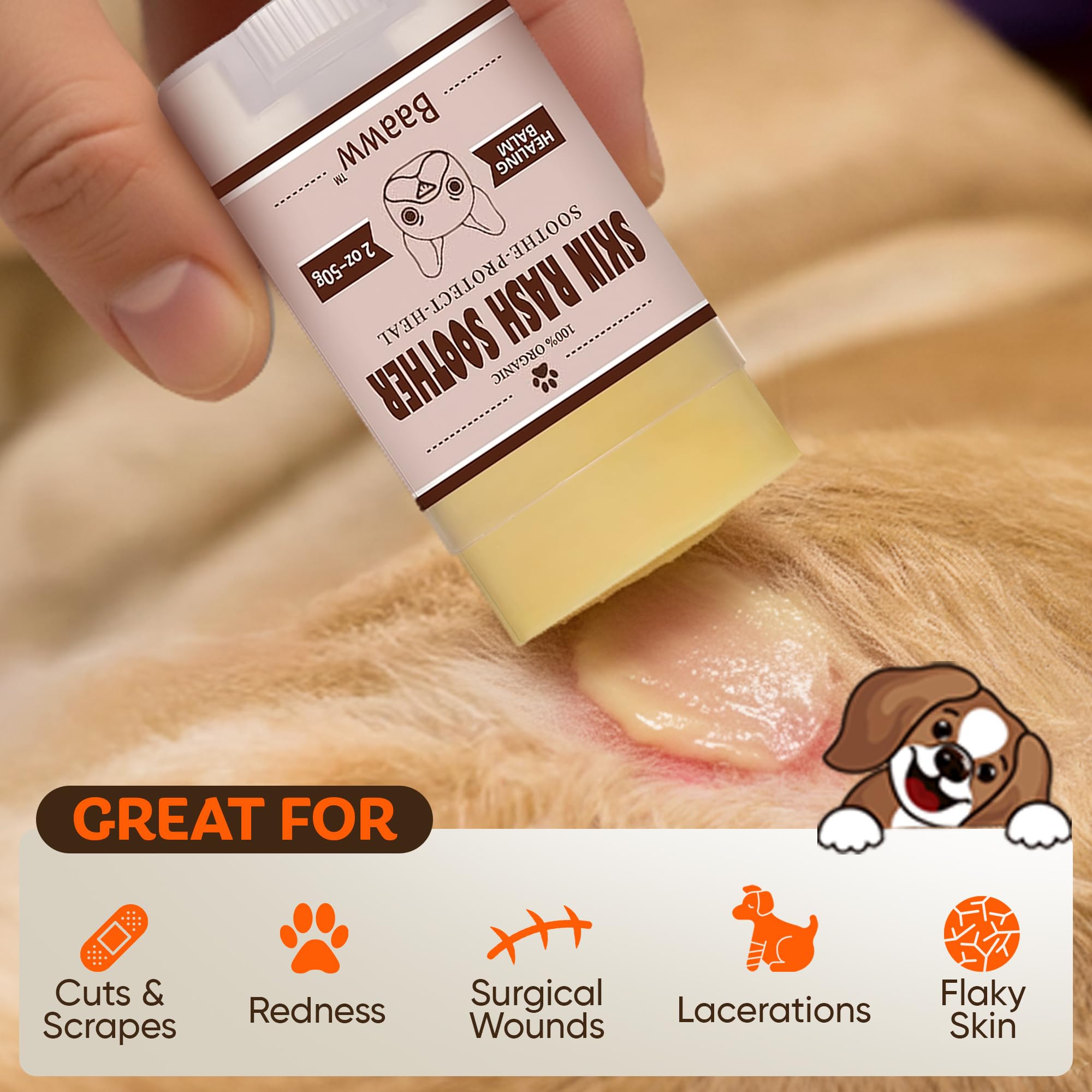 Baaww PH-balanced dog rash cream closeup shows non-sticky moisturizing formula