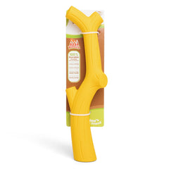 Baba Buddies natural rubber curved branch dog toy in yellow for durable daily chewing.
