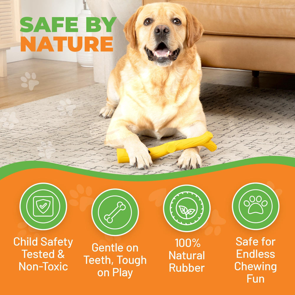 Baba Buddies yellow curved-branch dog toy designed for easy grip and versatile play.