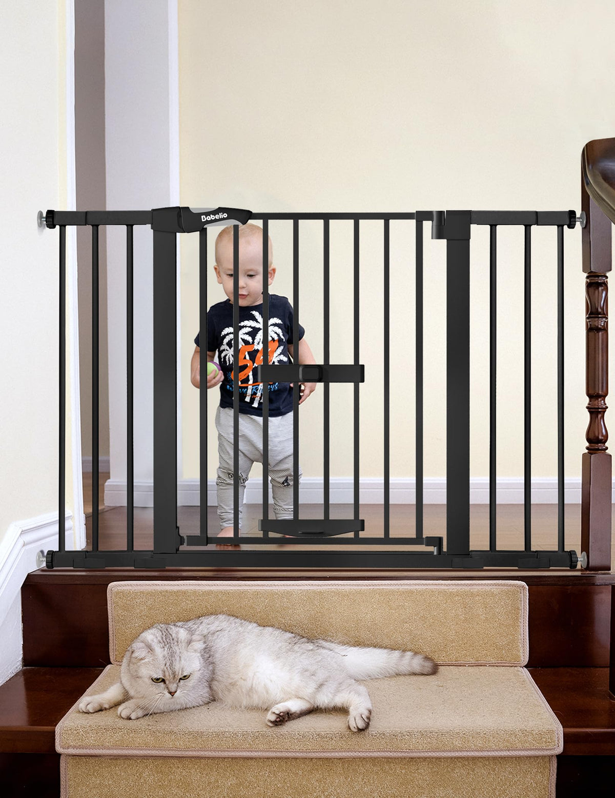 BABELIO 29-48 inch extra-wide gate with cat door offers secure passage for kids and pets.