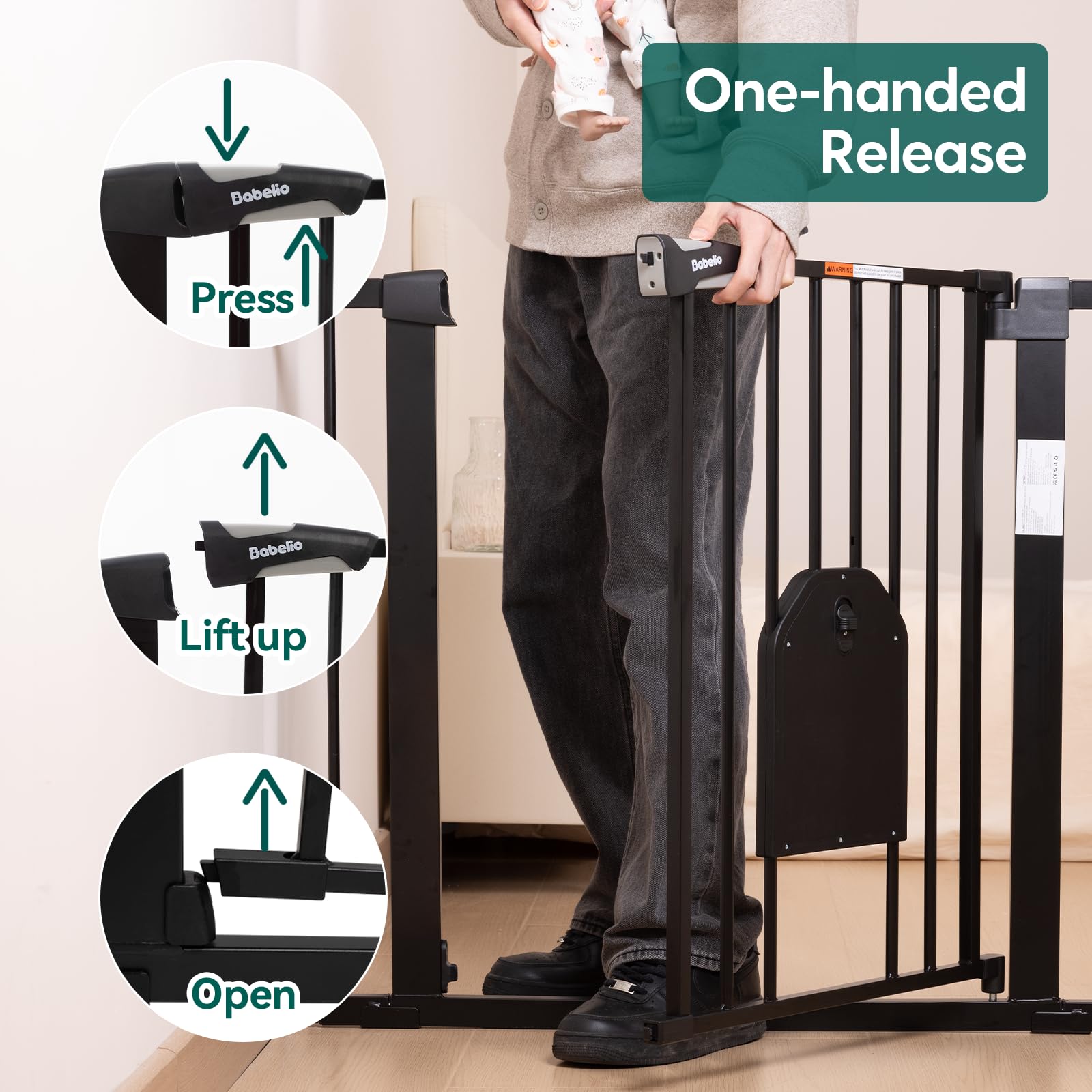 BABELIO Auto Close gate illustrates soft auto-close and hands-free use.