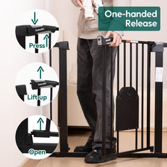 BABELIO Auto Close gate illustrates soft auto-close and hands-free use.