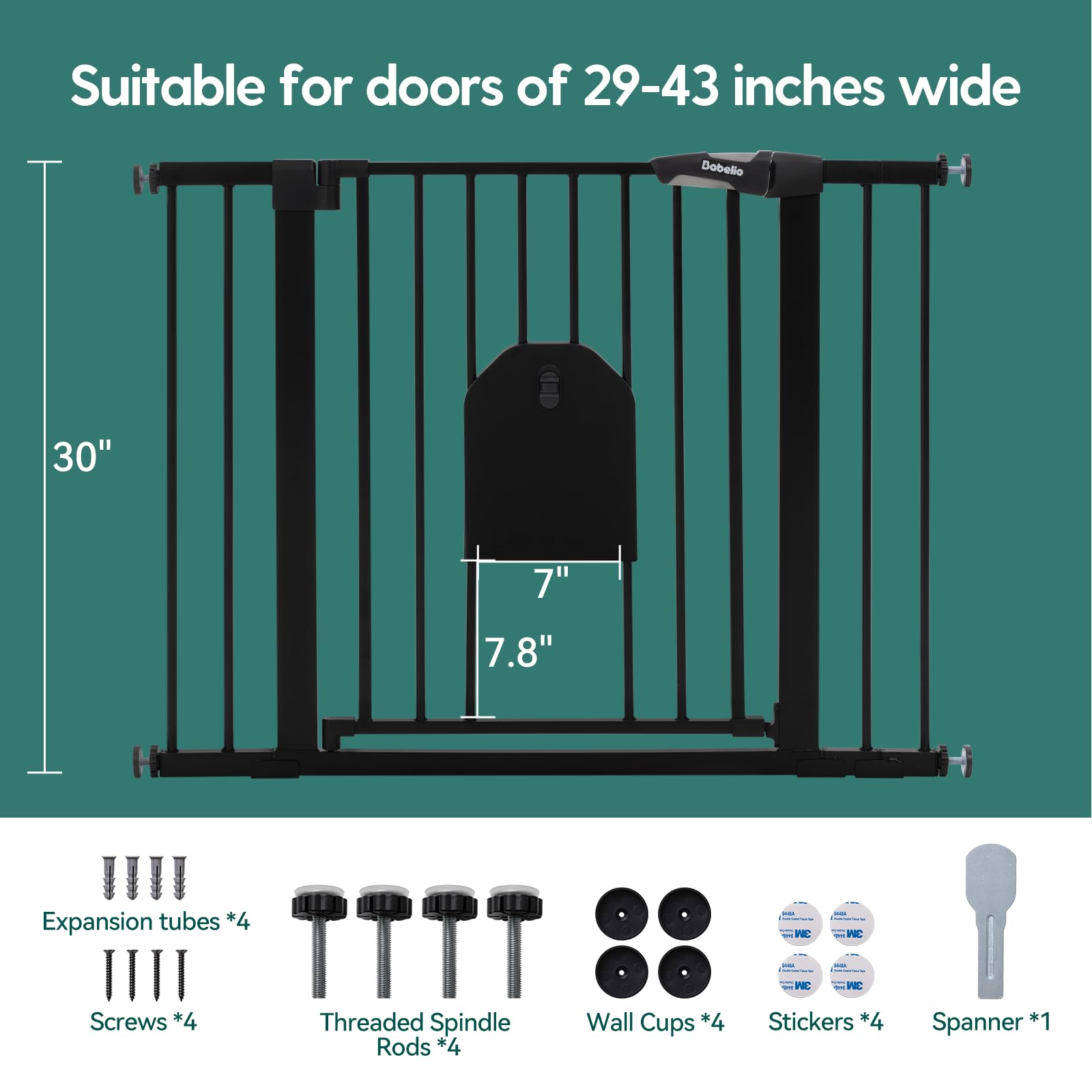 BABELIO extension pieces attached show width adjustment for 29-43 inch openings.