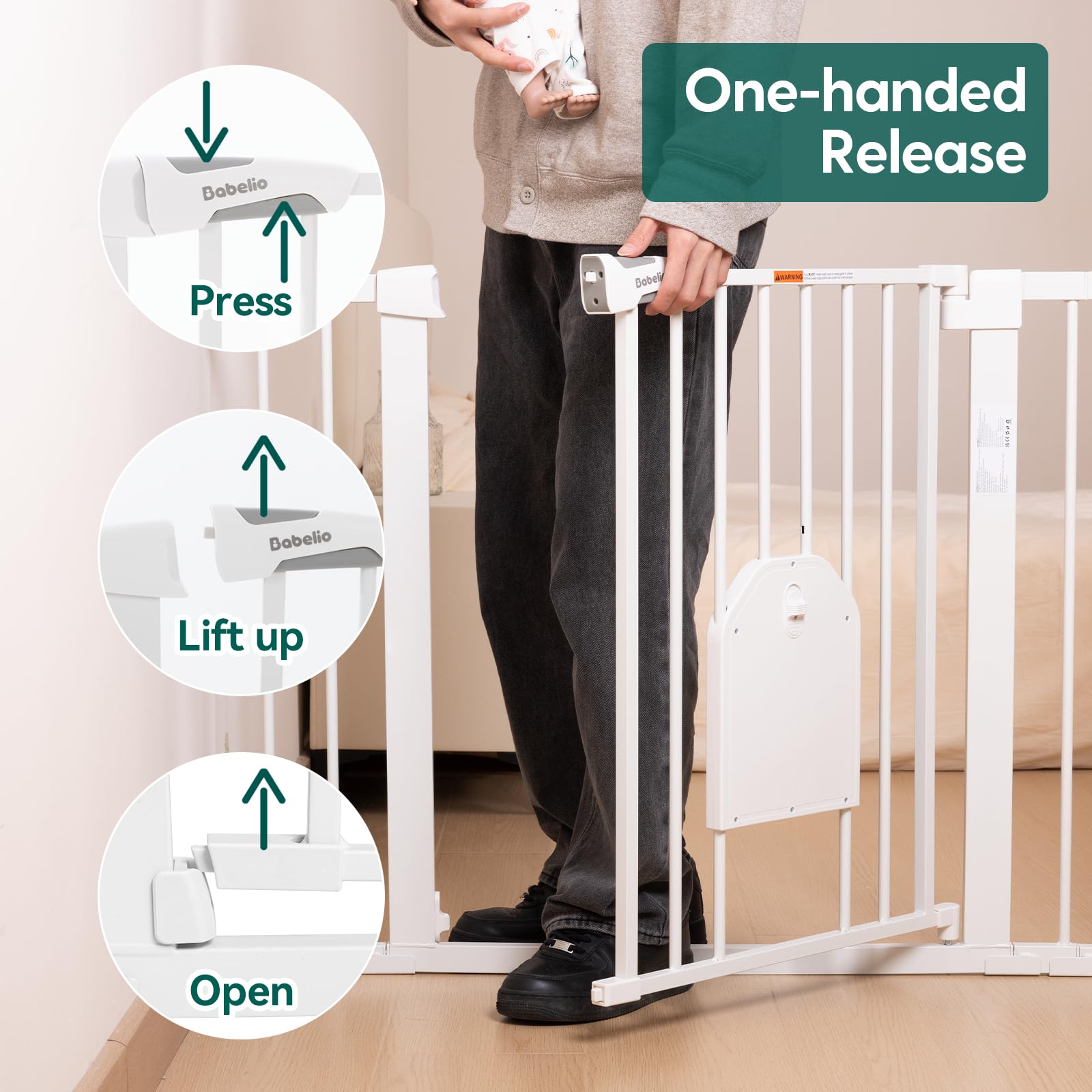 BABELIO Auto Close Baby Gate one-handed walk-thru design for busy parents