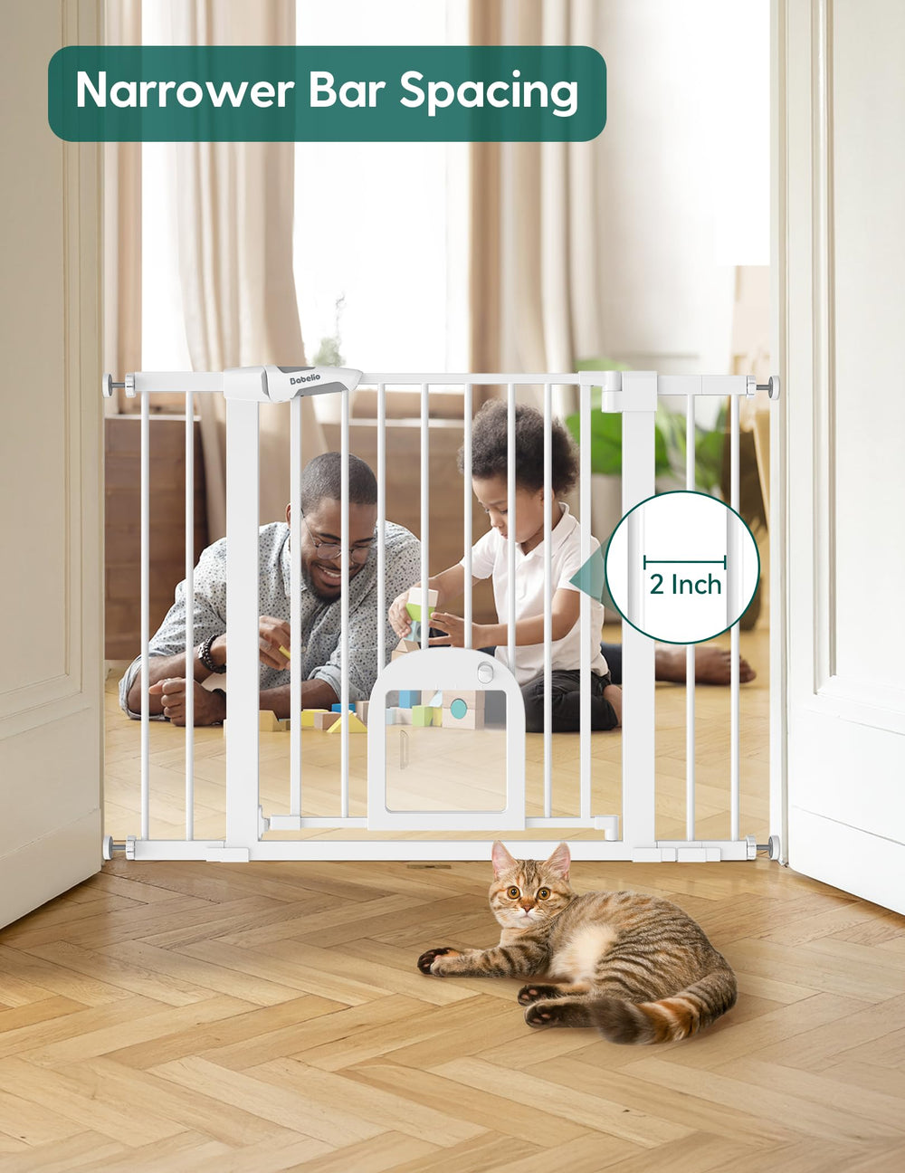 BABELIO Baby Gate auto-close with stay-open option demonstrated in hallway.