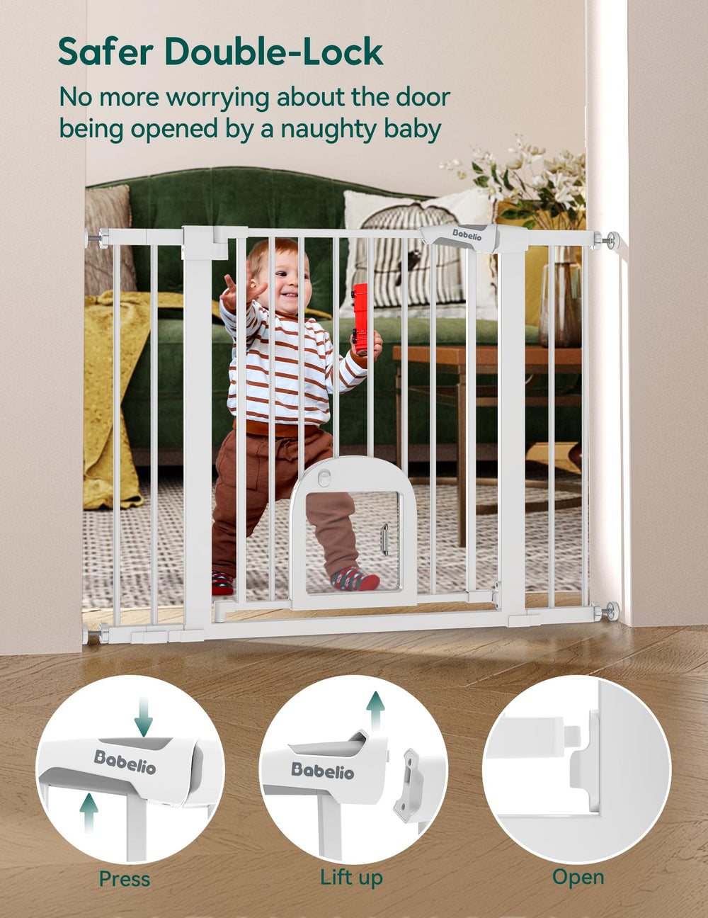 BABELIO Baby Gate extensions included demonstrate width customization for doors.