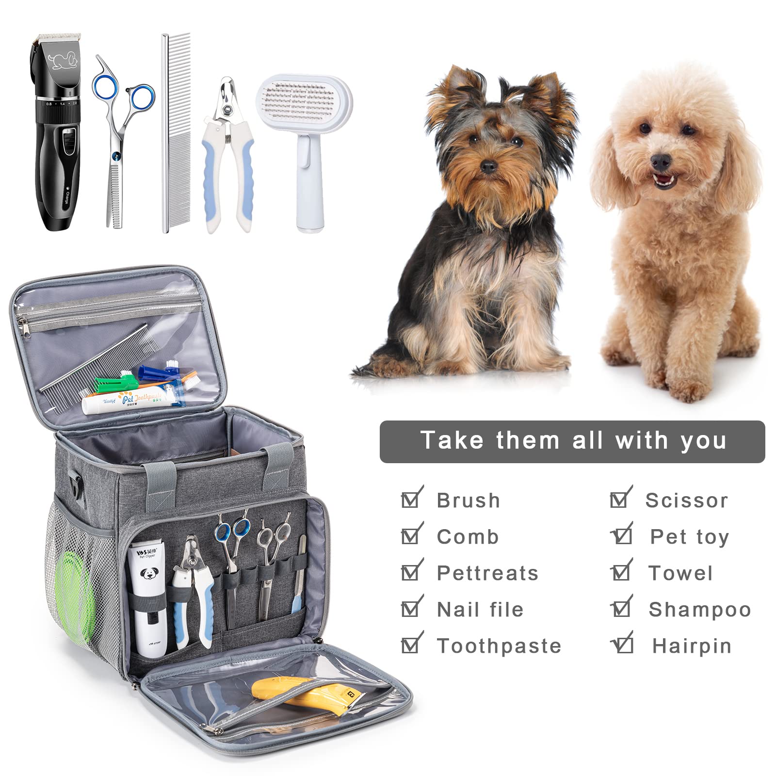 BABEYER pet grooming bag clear top pocket to spot small tools fast