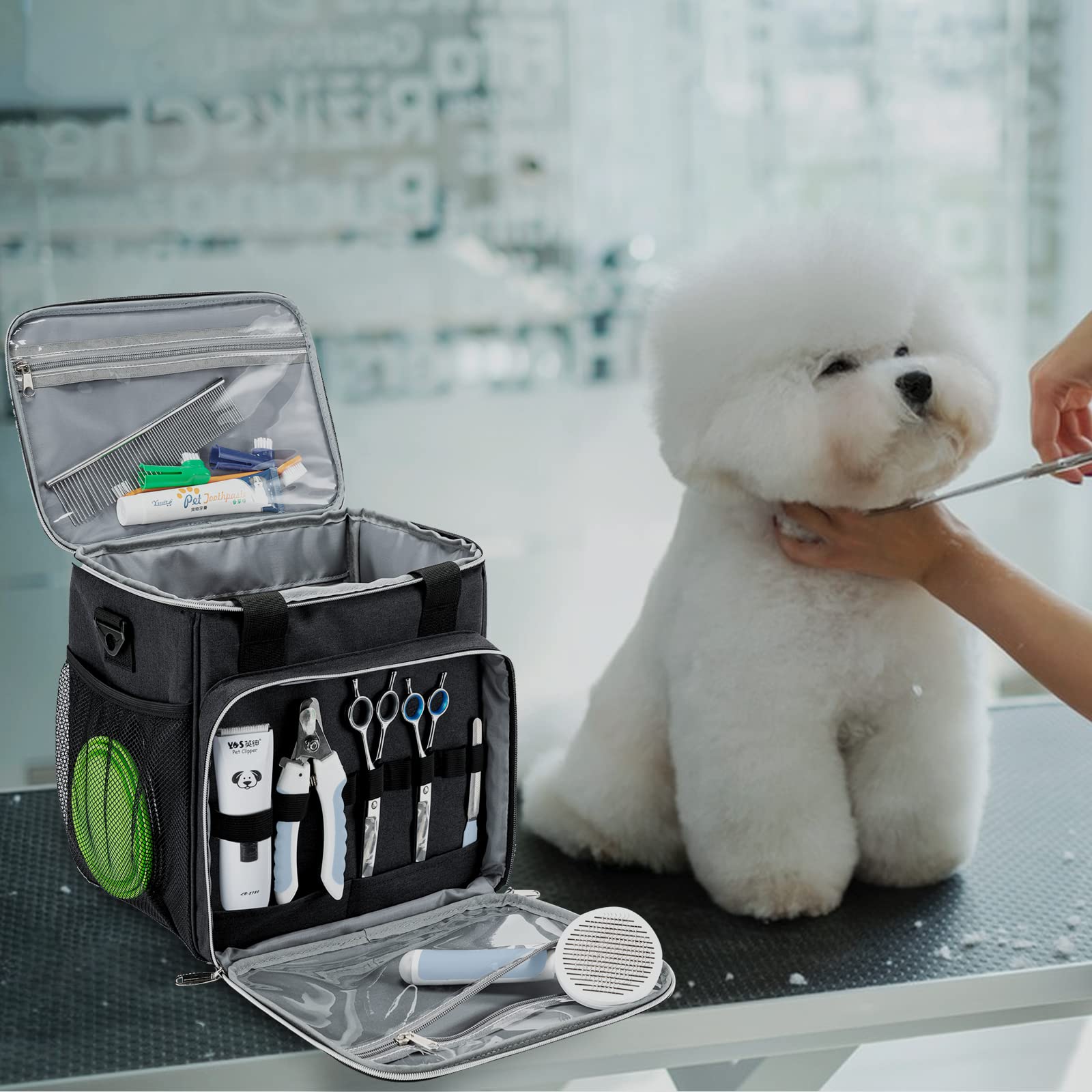 BABEYER pet grooming bag spacious 11L main compartment fits gloves, trimmers, and brushes.