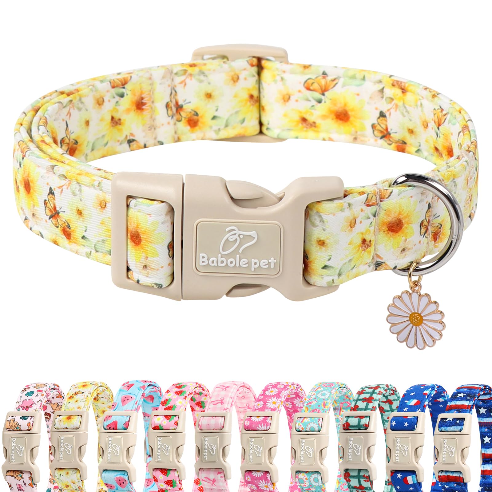 Babole Pet adjustable floral dog collar close-up sunflowers and butterflies for stylish daily wear