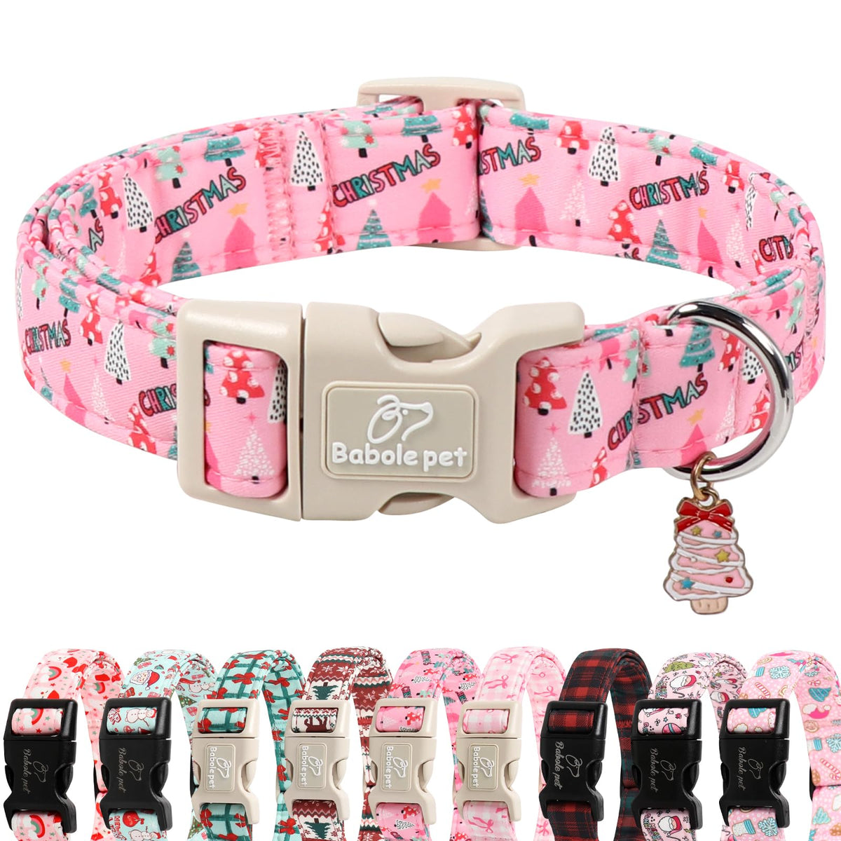 Babole Pet Christmas dog collar large pink tree print for everyday comfort.